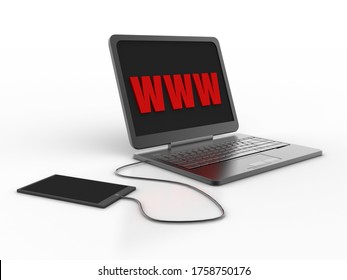 3d rendering www in laptop connected mobile phone