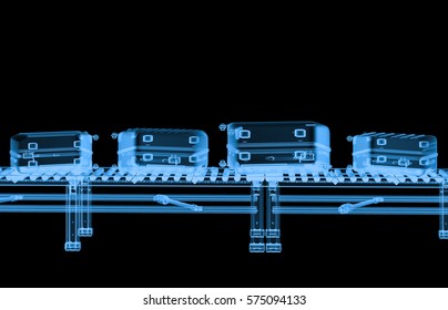 3d Rendering X Ray Conveyor Belt With Luggages Isolated On Black