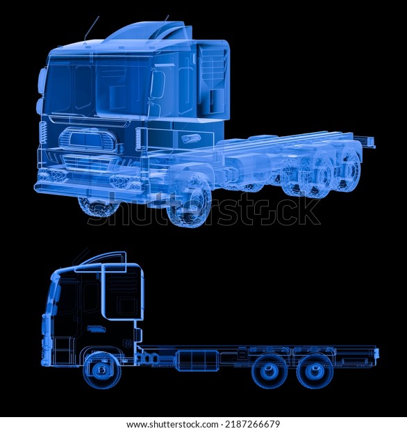 3d rendering x-ray or scanned logistic trailer\
truck or lorry on black\
background