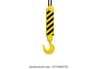 3d rendering of a yellow crane hook with black diagonal stripe pattern, metal hook detail, low angle perspective.