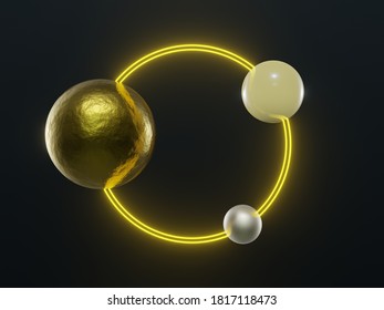 3D Rendering Yellow Cricle Neon Frame With Spheres