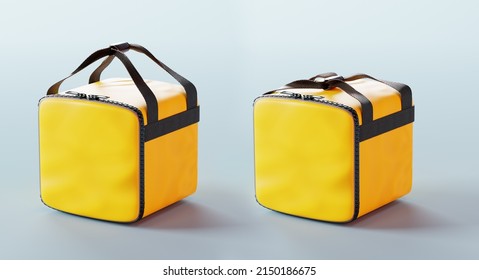 3D Rendering Yellow Delivery Bag. Blank Insulated Courier Thermo Bag Backpack Mockup. 