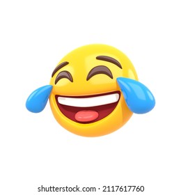 3d Rendering Of Yellow Face Emoji Laughing And Crying Tear Icon Isolated On White Background