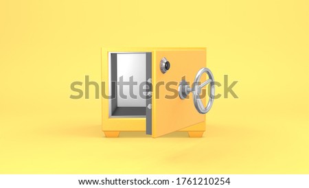 3d rendering yellow, the golden empty safe open, the door close. Advertising bank, business, financial organization, digital marketing. Funny design, cartoon style joke.