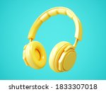 3D Rendering Yellow headphones isolated on blue background