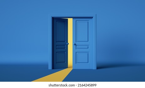 3d Rendering, Yellow Light Going Through The Opening Double Door Isolated On Blue Background. Architectural Design Element. Modern Minimal Concept. Opportunity Or Hope Metaphor