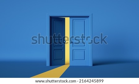 3d rendering, yellow light going through the opening double door isolated on blue background. Architectural design element. Modern minimal concept. Opportunity or hope metaphor