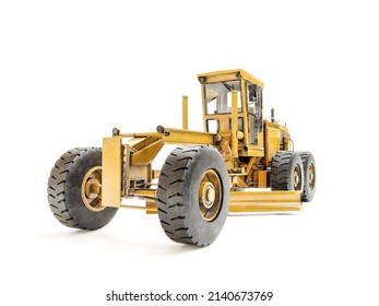 3D rendering of yellow road grader on white background