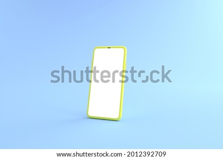 3D rendering. The yellow smartphone white screen on blue floor, Mobile phone mockup tilted to the ground. Smartphone white screen can be used for commercial advertising, Isolated on blue background.