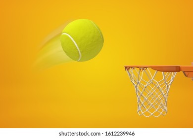 3d Rendering Of Yellow Tennis Ball Flying Into Basketball Hoop On Yellow Background. Digital Art. Games And Sports. Sporting Goods.