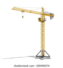 3d representación de una grúa de torre amarilla de altura completa aislada sobre el fondo blanco. Construcción y construcción. Maquinaria y equipo. Modelización 3d.