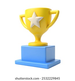 A 3D rendering of a yellow trophy with two handles and a large white base.
