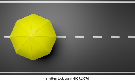 3D Rendering Of Yellow Umbrella On Road, Top View