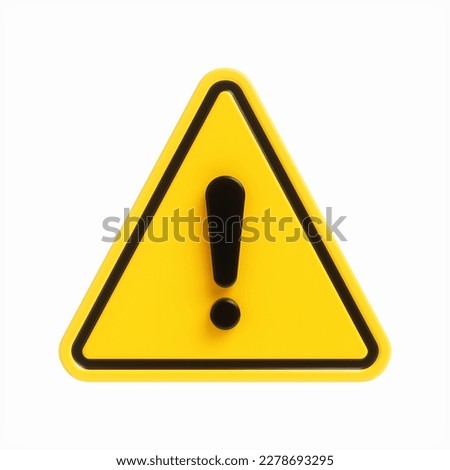 3D Rendering Yellow Warning Sign with Exclamation Mark isolated on white background