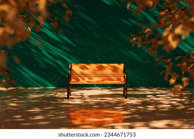 3d rendering of yellow wooden bench reflecting on ground with shades of brown blurred leaves on tree branches in autumn park on sunny day against green wall - Powered by Shutterstock