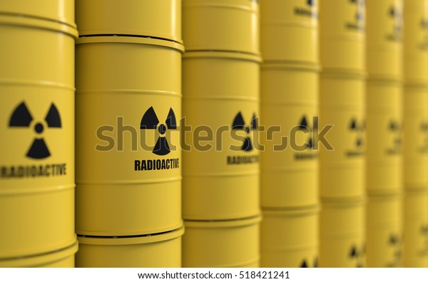 3D rendering of yellows barrels containing radioactive\
material 