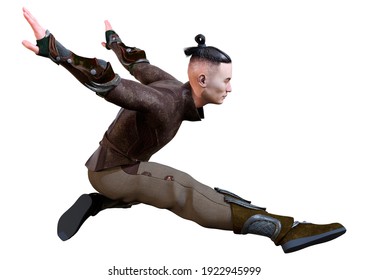 3D Rendering Of A Young Asian Man Exercising Kung Fu Isolated On White Background