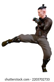 3D Rendering Of A Young Asian Man Exercising Kung Fu Isolated On White Background