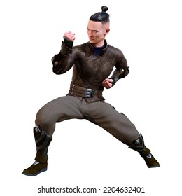 3D Rendering Of A Young Asian Man Exercising Kung Fu Isolated On White Background