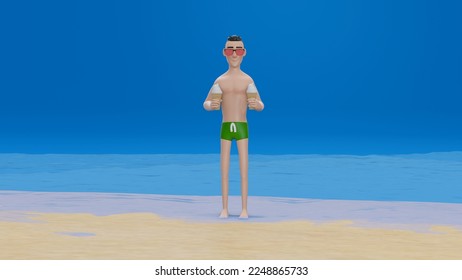 3d rendering. Young handsome man holding ice cream cones smiling in beach.smiling looking to the side and staring away thinking. - Powered by Shutterstock