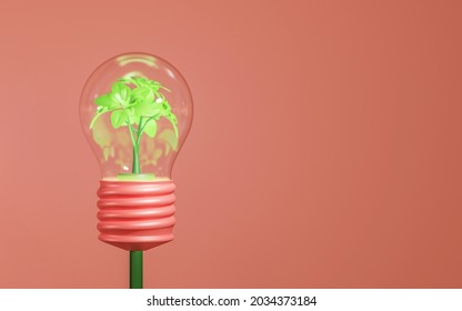 3d Rendering Young Plant Grow Inside Light Bulb. Thinking About Environment, CSR, Clean Energy Or Sustainable Concept.