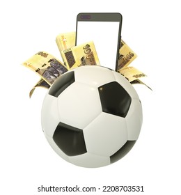 3d Rendering Of Zimbabwean Dollar Notes And Phone Behind Soccer Ball. Sports Betting, Soccer Betting Concept Isolated On White Background. Mockup