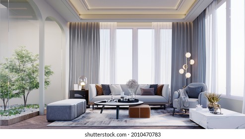 3d rendering,3d illustration, Interior Scene and  Mockup, 
Living room with garden view gray furniture floor lamp gray carpet floor.