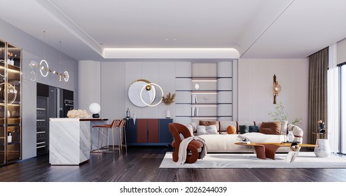 3d rendering,3d illustration, Interior Scene and  Mockup,
Food preparation area and modern living room in white tones contrasted with red furniture.
