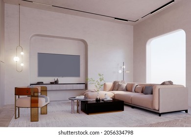 3d Rendering,3d Illustration, Interior Scene And  Mockup,Living Room In Brown And Beige Tones Curved Aperture.