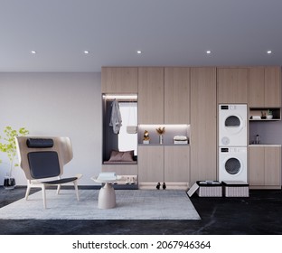 3d Rendering,3d Illustration, Interior Scene And  Mockup,Laundry Room, Light-colored Wood Cabinetry, Wooden Armchair And Side Table.
