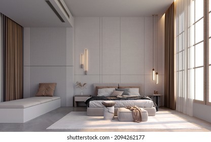 3d rendering,3d illustration, Interior Scene and  Mockup,A hotel-style bedroom with a sitting corner beside the bed, a modern luxury room in brown and gray tones.