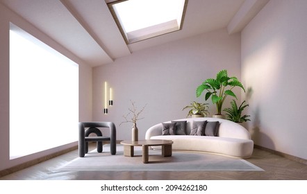 3d rendering,3d illustration, Interior Scene and  Mockup,Living room with white curved sofa, ceiling, natural light, modern minimalist style.