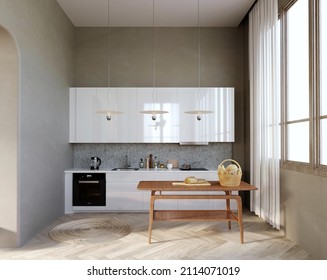 3d Rendering,3d Illustration, Interior Scene And  Mockup,Modern Style Kitchen, White Kitchen Set, High Gloss, Natural Color Wood Prep Table, Round Shape, Brown Weave.