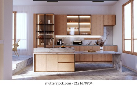 3d Rendering,3d Illustration, Interior Scene And  Mockup,Modern Style Kitchen, Kitchen Counter And Island, Wood Grain Material And White Marble, Partially Decorated With Glass Front.