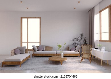 3d rendering,3d illustration, Interior Scene and Frame mockup,Modern tropical living room with white walls, three daybeds.