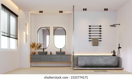 3d Rendering,3d Illustration, Interior Scene And  Mockup,Modern Style Bathroom In Brown-grey-black Tone With Oval Mirror Decorated With Square Back Wall.