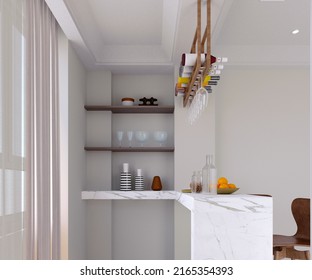 3d Rendering,3d Illustration, Interior Scene And  Mockup,white Wall Inside Bar With Stone Bar With Chairs In Background.