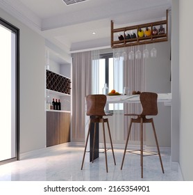 3d Rendering,3d Illustration, Interior Scene And  Mockup,white Wall Inside Bar With Stone Bar With Chairs In Background.