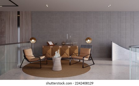 3d rendering,3d illustration, Interior Scene and  Mockup,sideboard and armchair,the sitting area.