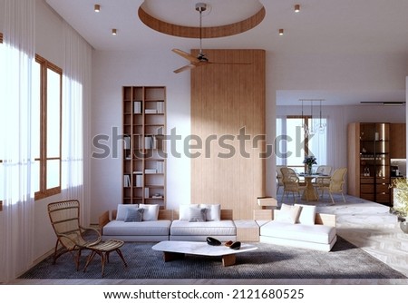 3d rendering,3d illustration, Interior Scene and  Mockup,Focal corner, modern style living room, decorated with wood and built-in wooden bookshelf, drop ceiling, round wall with wooden fan.