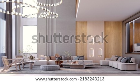 3d rendering,3d illustration, Interior Scene and  Mockup,living room interior duplex,high ceilings contemporary furnishings style.