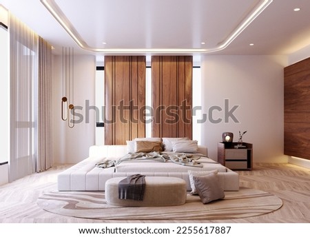3d rendering,3d illustration, Interior Scene and  Mockup,bedroom interior design,Decorate in modern style with wood material. Imagine de stoc © 