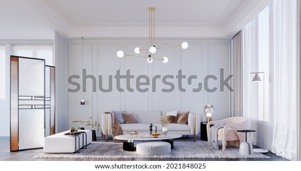 3d rendering,3d\
illustration, Interior Scene and  Mockup,Living room covered in\
white tones White furniture contrasts with brown. Clear glass room\
divider with gold\
trim.