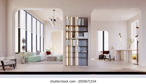 3d rendering,3d illustration,Interior Scene and Mockup,Office hall and modern living room with white walls.