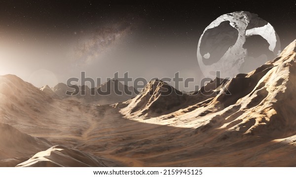 3d rendering,Alien planet surface with\
giant dead planet in the sky, 3d\
illustration