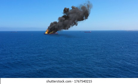 3d rendering-Cargo ship burning on fire with large scale smoke-Aerial Aerial, Mediterranean Sea, Cargo tanker ship, Real Drone view with visual effect Elements