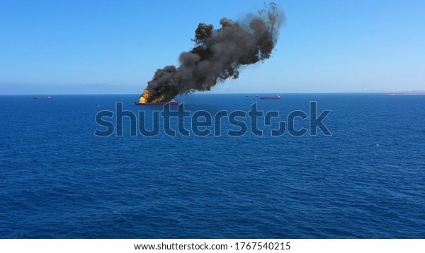 3d rendering-Cargo ship burning on\
fire with large scale smoke-Aerial Aerial, Mediterranean Sea, Cargo\
tanker ship, Real Drone view with visual effect\
Elements