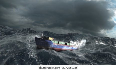 3d Rendering,Cargo Ship With Containers In Stormy Ocean,aerial Top Down View
Sailing Cargo Ship Swinging On Stormy Sea Waves, Rough Ocean High Altitude 
