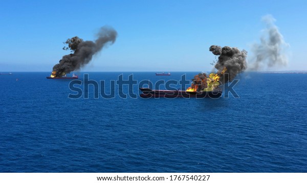 3D rendering-Cargo ships Burning on\
fire under attack in Mediterranean Sea \
Real Drone view with\
visual effect\
Elements,Aerial\
