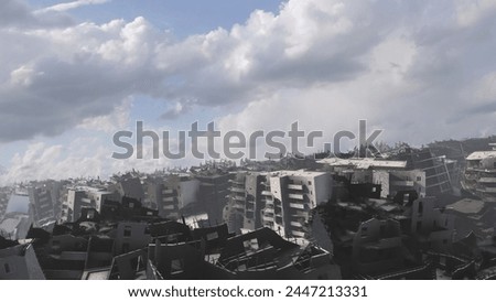 3d rendering-Destroyed city after earthquake or war with smoke, aerial 
Cinematic view of Apocalyptic destroyed city, 4K,2024
